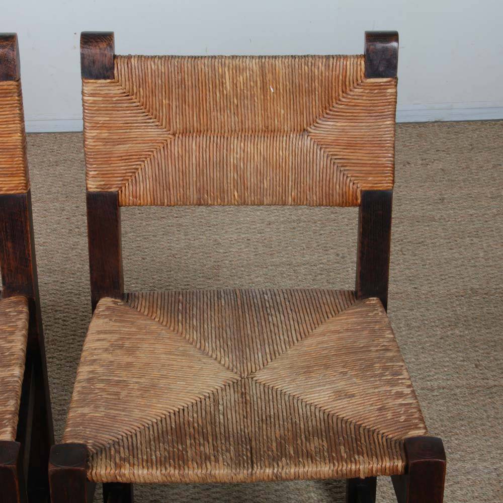 Set of 4 straw-seated solid wood chairs, French craftsmanship, 1940.