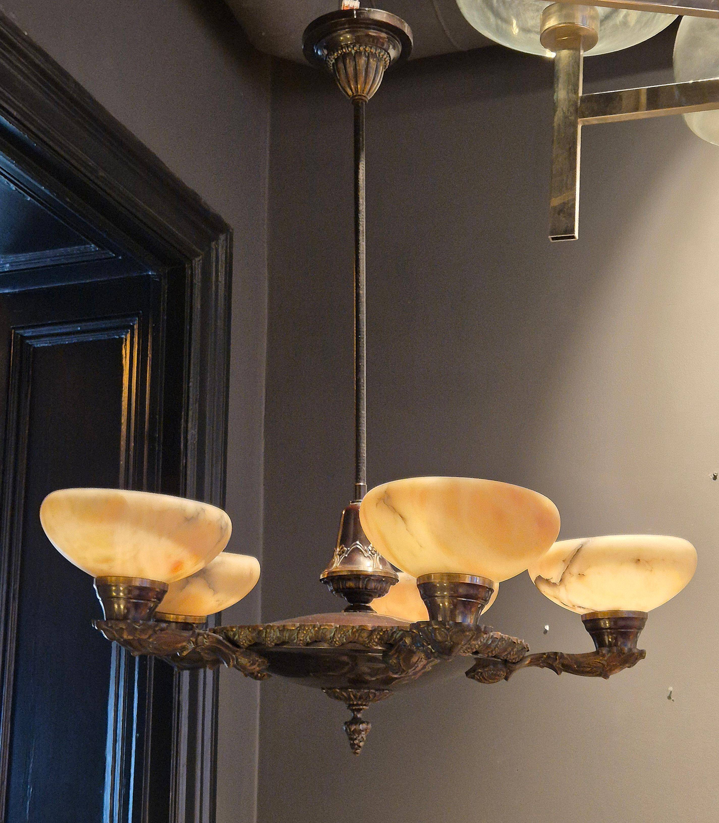 Decorative lustre from the early 1900s, in bronze and alabaster, Swedish Jugend.