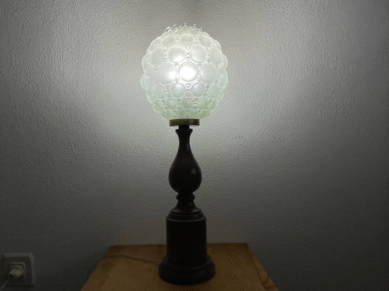 Large wood table lamp with frosted glass