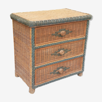 Chest of drawers 3 drawers in vintage rattan wicker