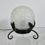 Art Deco lamp in frosted glass and wrought iron In the style of Edgard Brandt, 1930s-40s