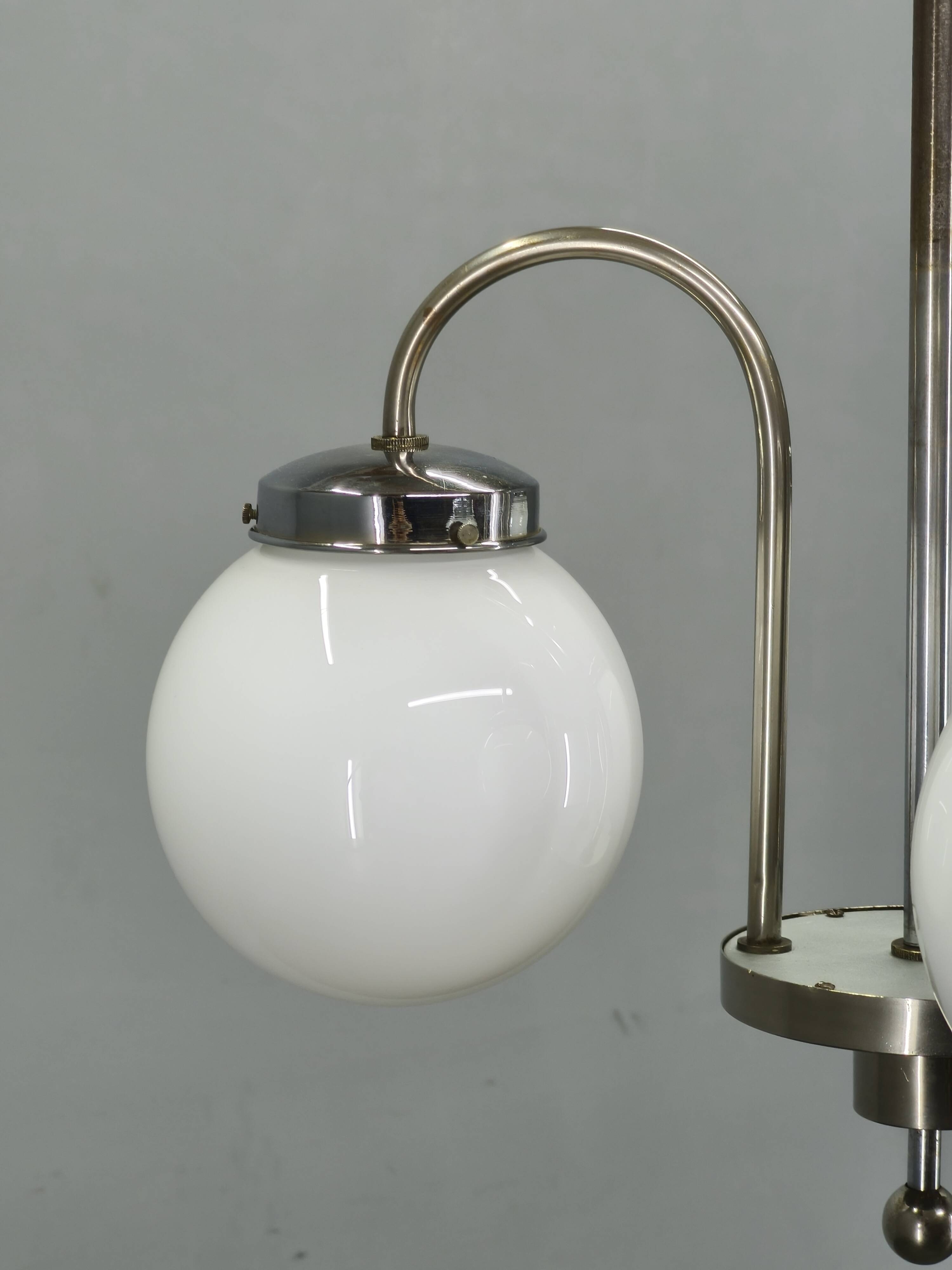 1930s Czech Art Deco Chandelier with Three Opaline Glass Globes