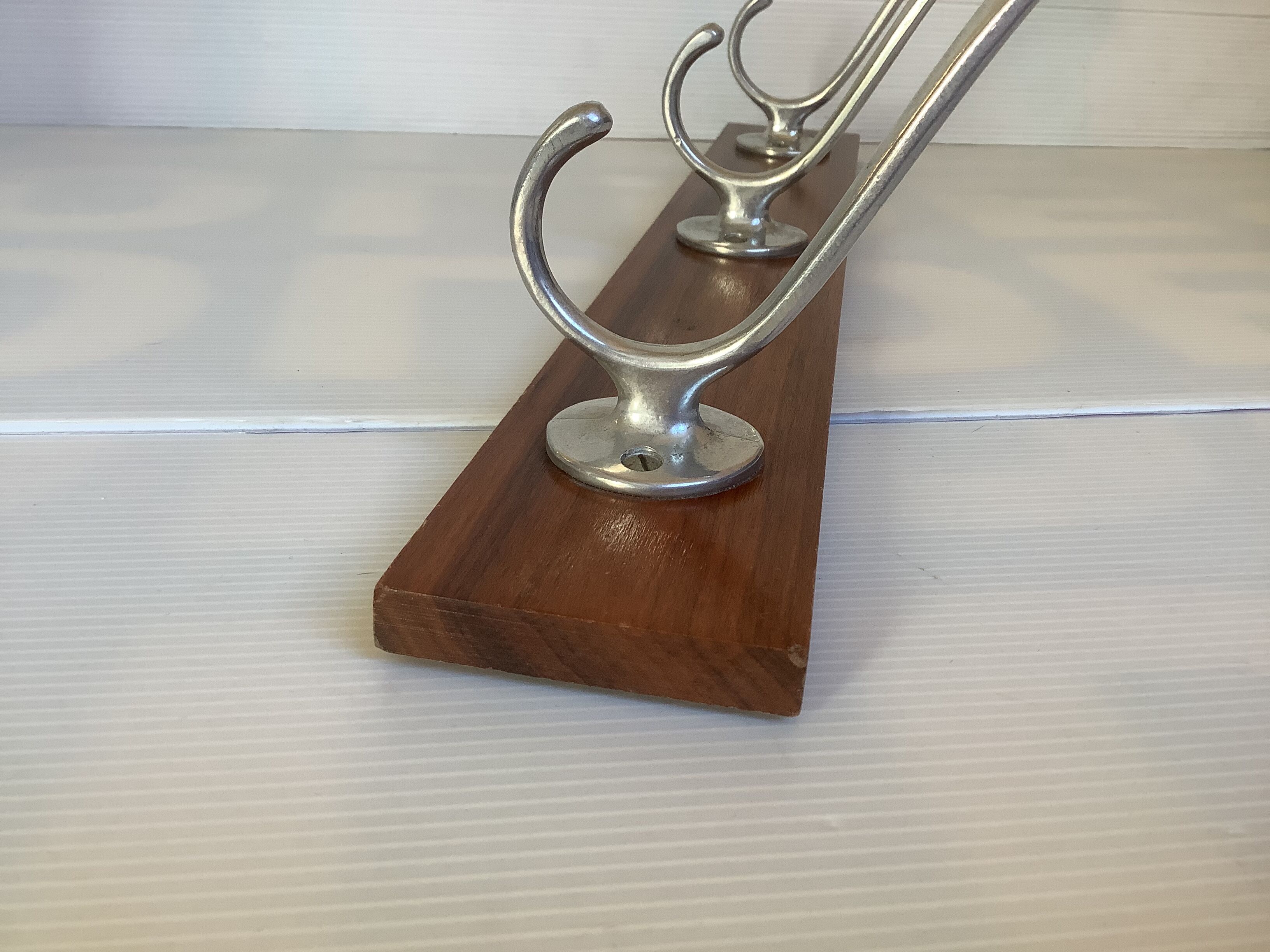Old coat rack wood aluminum 3 hooks