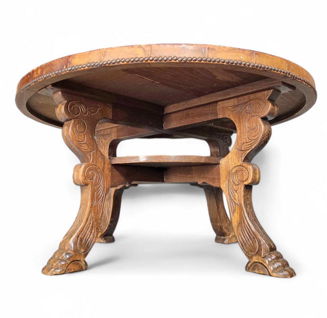 Mid-Century Coffee Table in Solid Wood and Patinated Cognac Leather