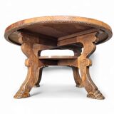 Mid-Century Coffee Table in Solid Wood and Patinated Cognac Leather