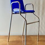 Vintage high chair for children in chrome metal and blue plastic