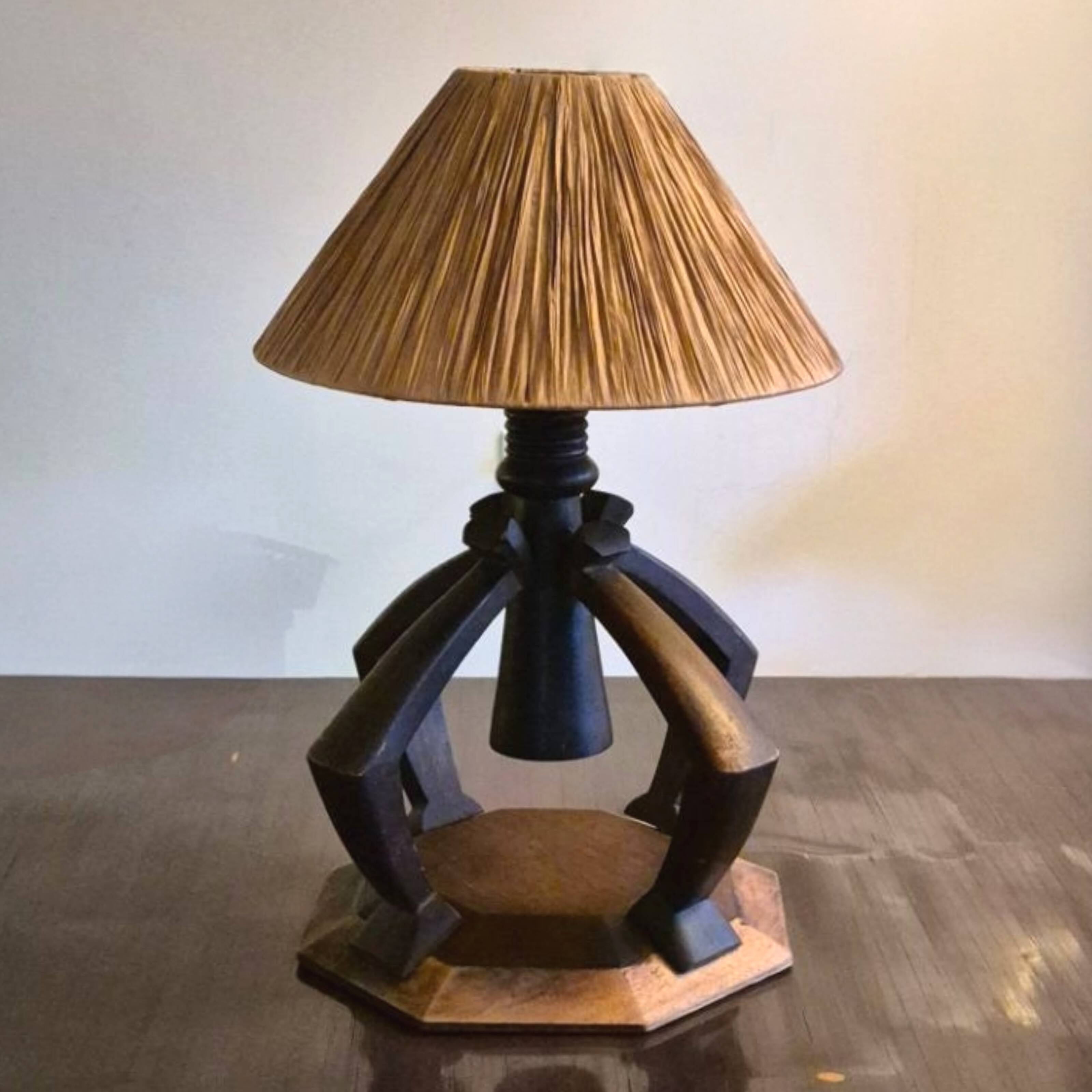 Hand crafted Wabi Wabi table lamp with raffia shade, Netherlands 1930s