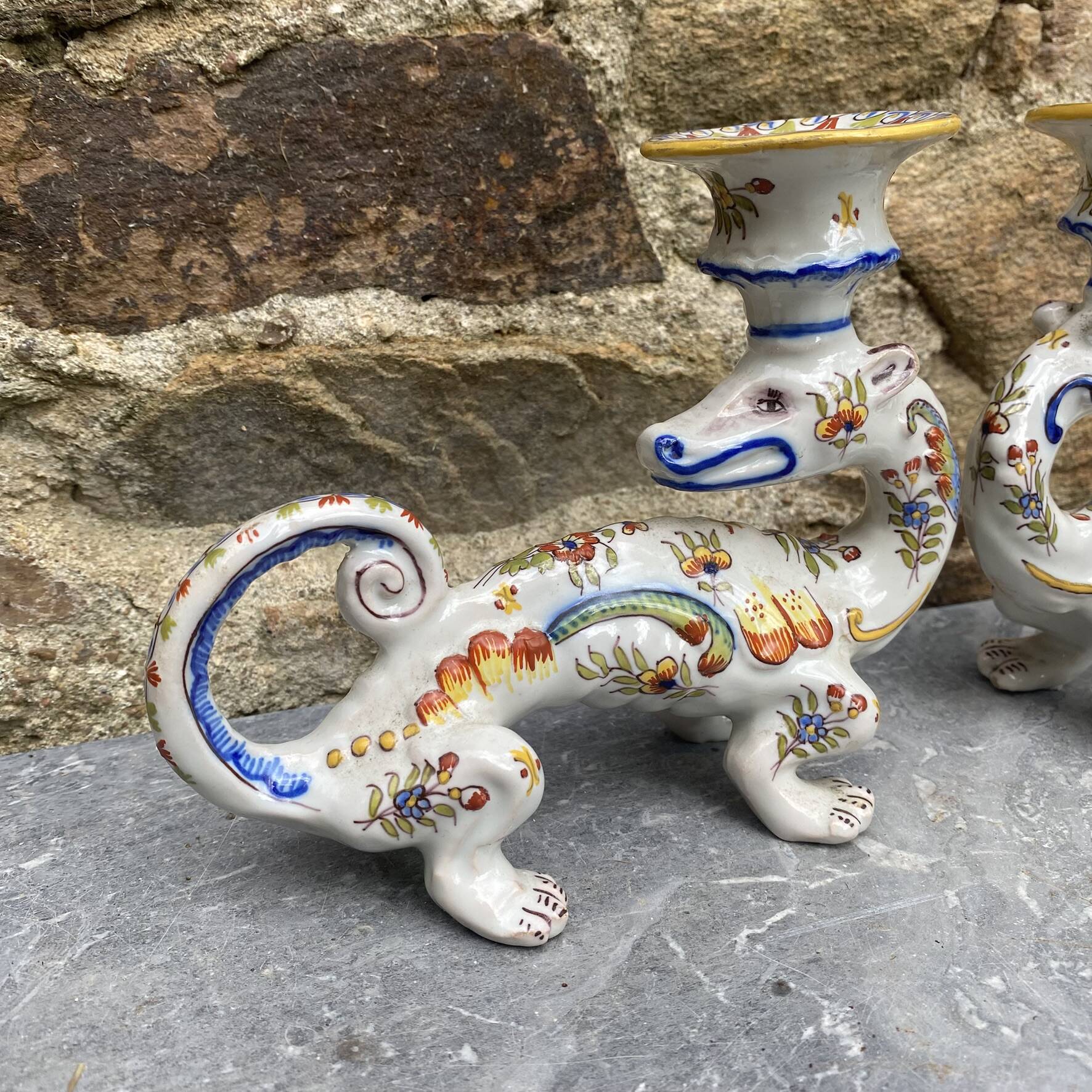 Pair of dragon candlesticks in Desvres earthenware, Rouen