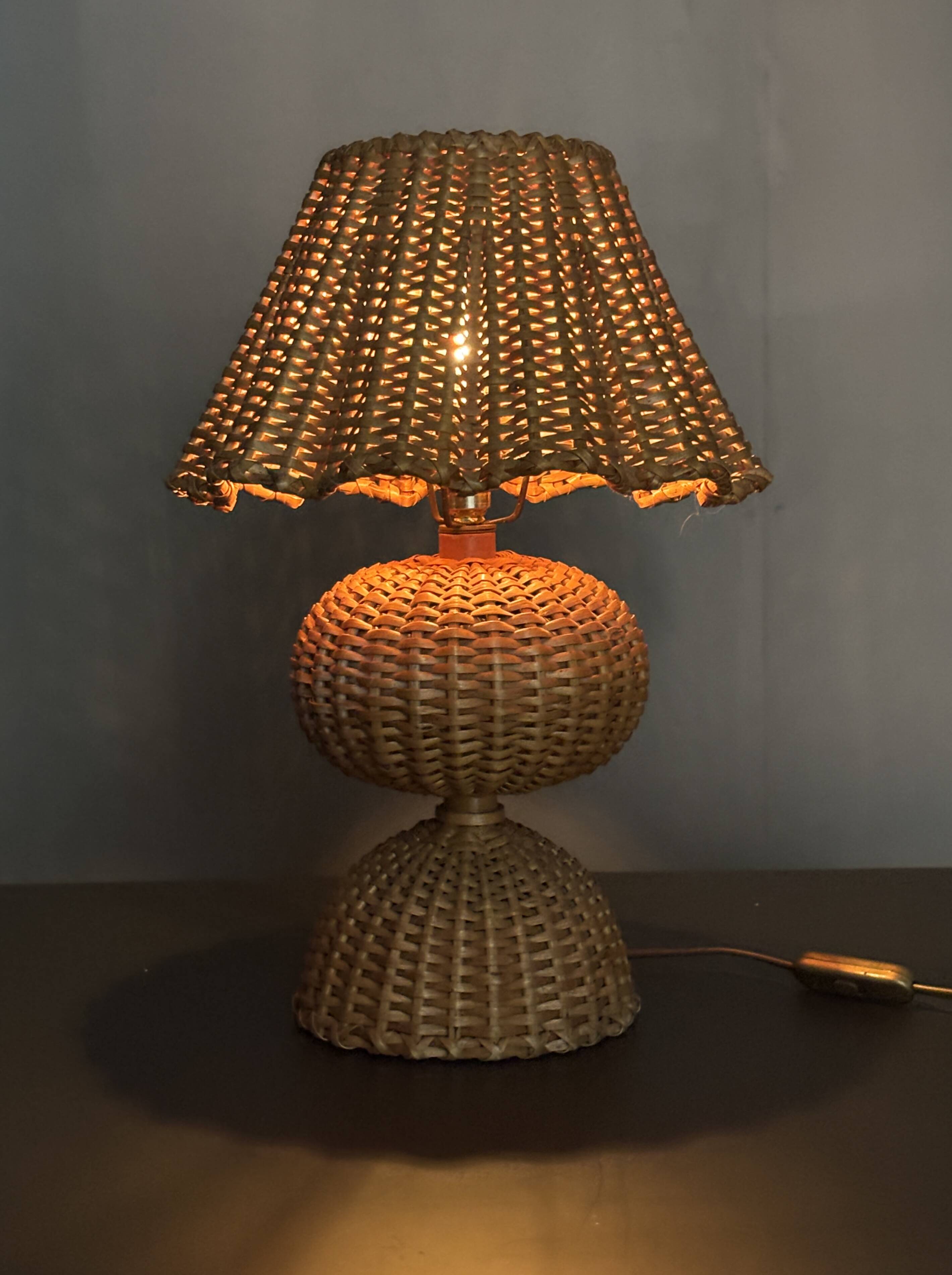 Midcentury rattan wicker mushroom table lamp, 1950s