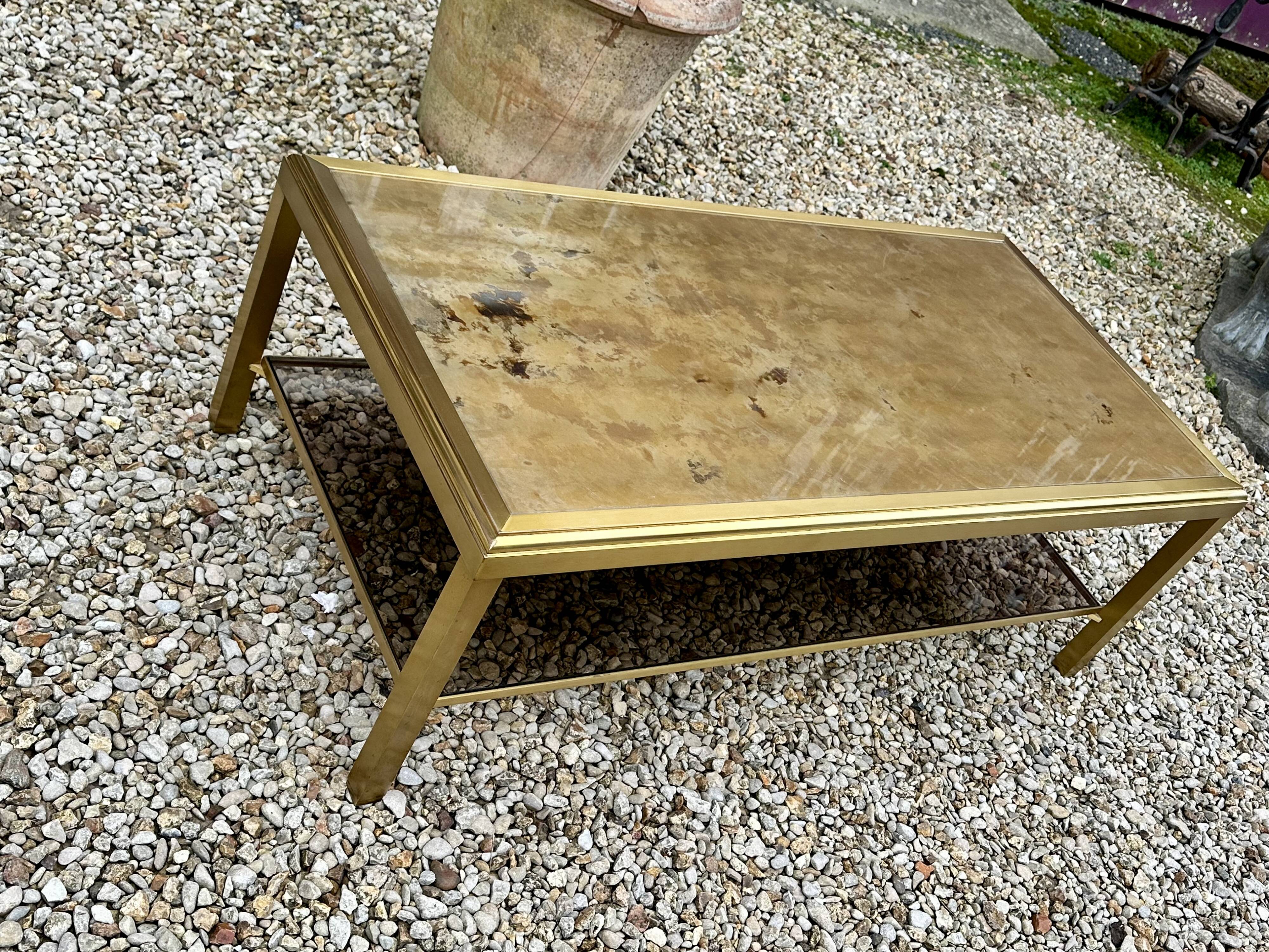 Vintage 70'S Hollywood Regency Brass and Iridescent Glass Coffee Table