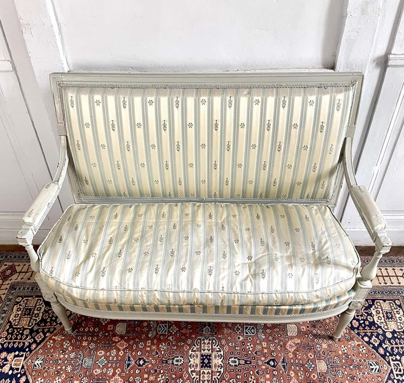 Directoire French silk sofa bench with blue, grey and white 18th century patterns