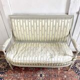 Directoire French silk sofa bench with blue, grey and white 18th century patterns