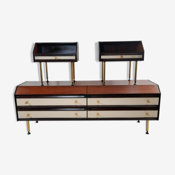 Dresser / chest of drawers and bedside tables - 1960s - faux leather brass