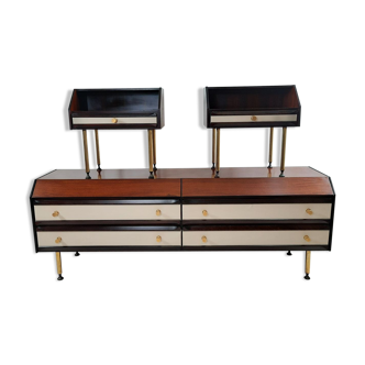 Dresser / chest of drawers and bedside tables - 1960s - faux leather brass