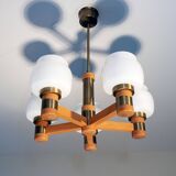 Lustre scandinave à 5 branches, opaline, bois et laiton, 1960