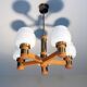 Scandinavian 5-branch chandelier, opaline, wood and brass, 1960