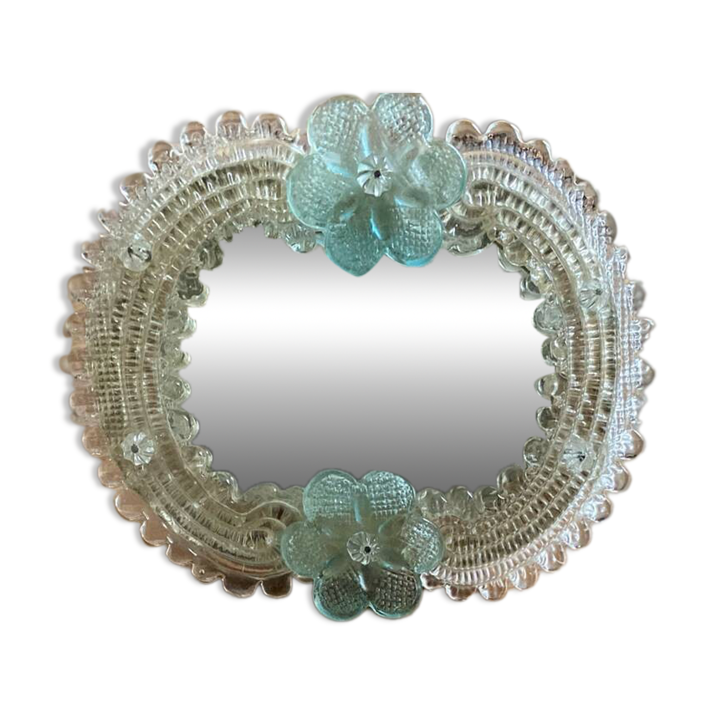 Venetian Murano mirror to stand or hang with blown flower decoration and friezes