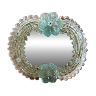 Venetian Murano mirror to stand or hang with blown flower decoration and friezes