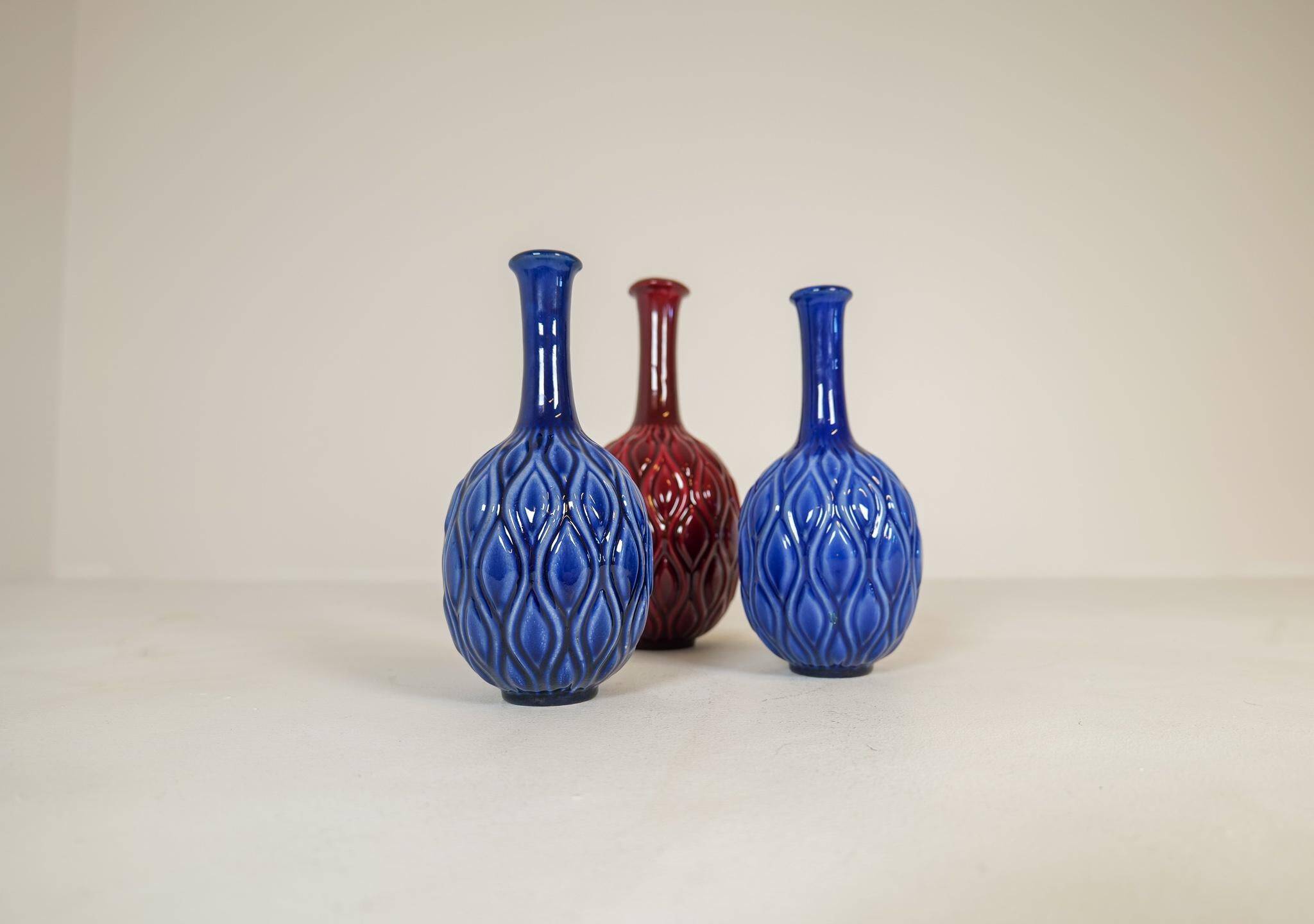 Blue and red peacock vases Midcentury Sven Erik Skawonius Upsala Ekeby, 1950s