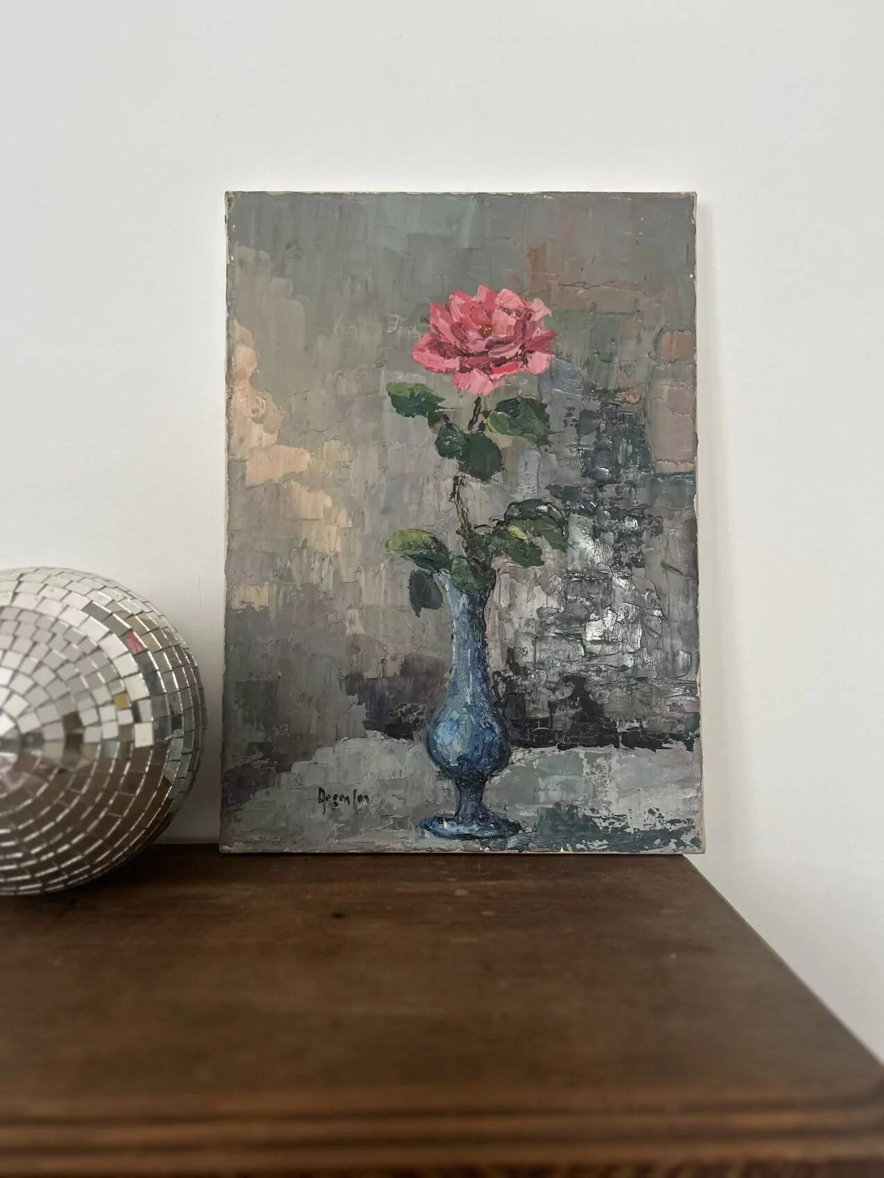 Antique oil painting on canvas, "The Rose in a Blue Vase," mid-20th century, signed