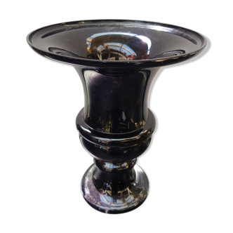 Ancien Vase Forme Médicis Verre Multicouche Noire & Transparent Vintage