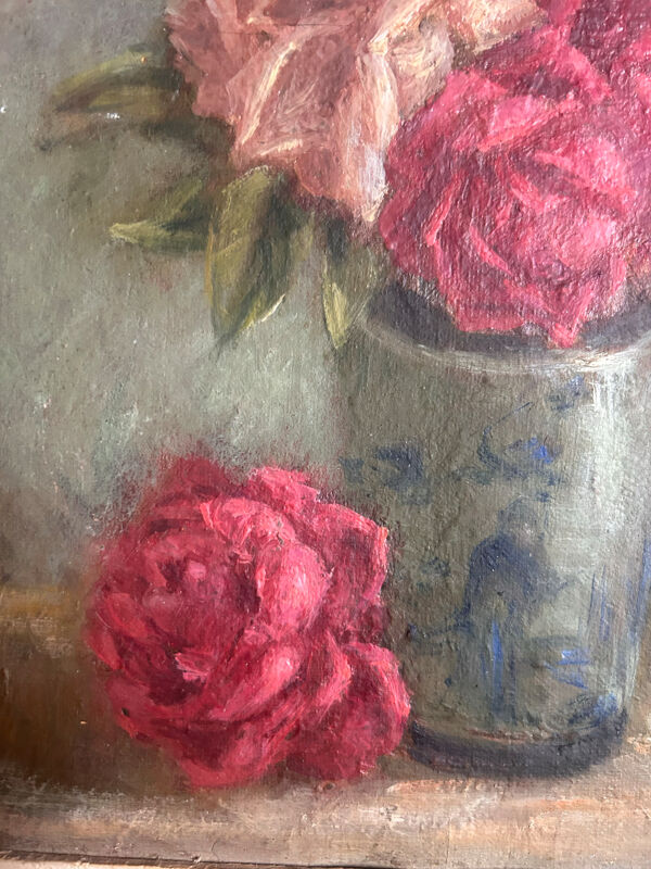 Tableau ancien Bouquet de roses ancien peinture à Huile , vers 1900 po