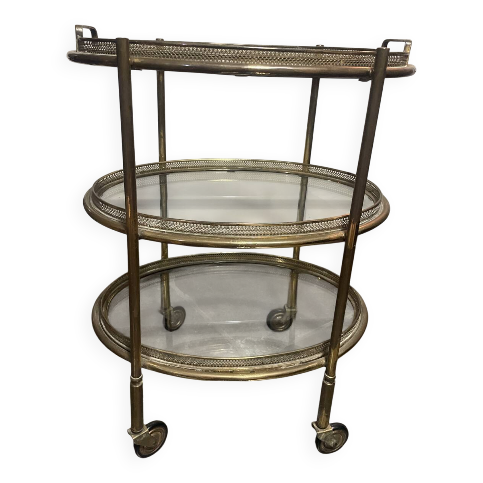 Serving cart, shelf, three-tier metal and glass trolley