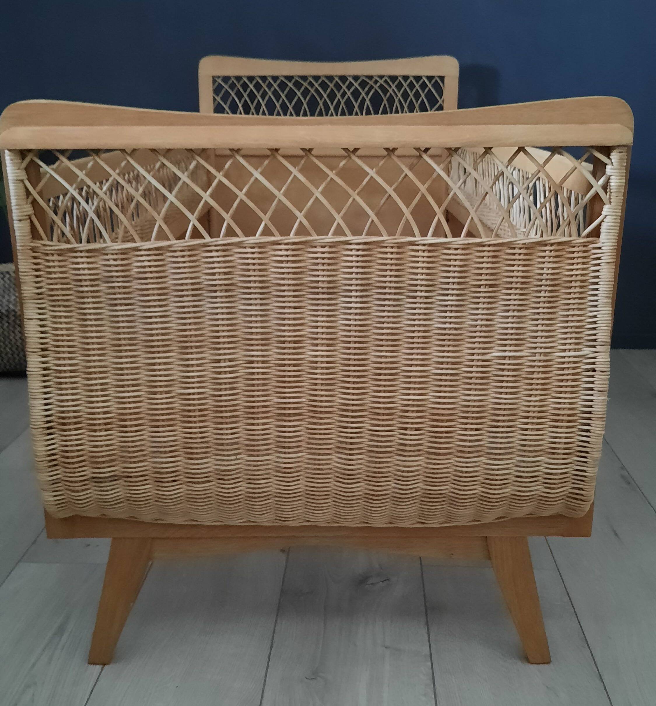 Restored vintage wooden and rattan basket baby bed