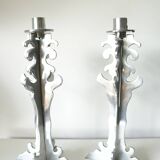 Pair of vintage sculpted chrome metal brutalist candlesticks - 1970s