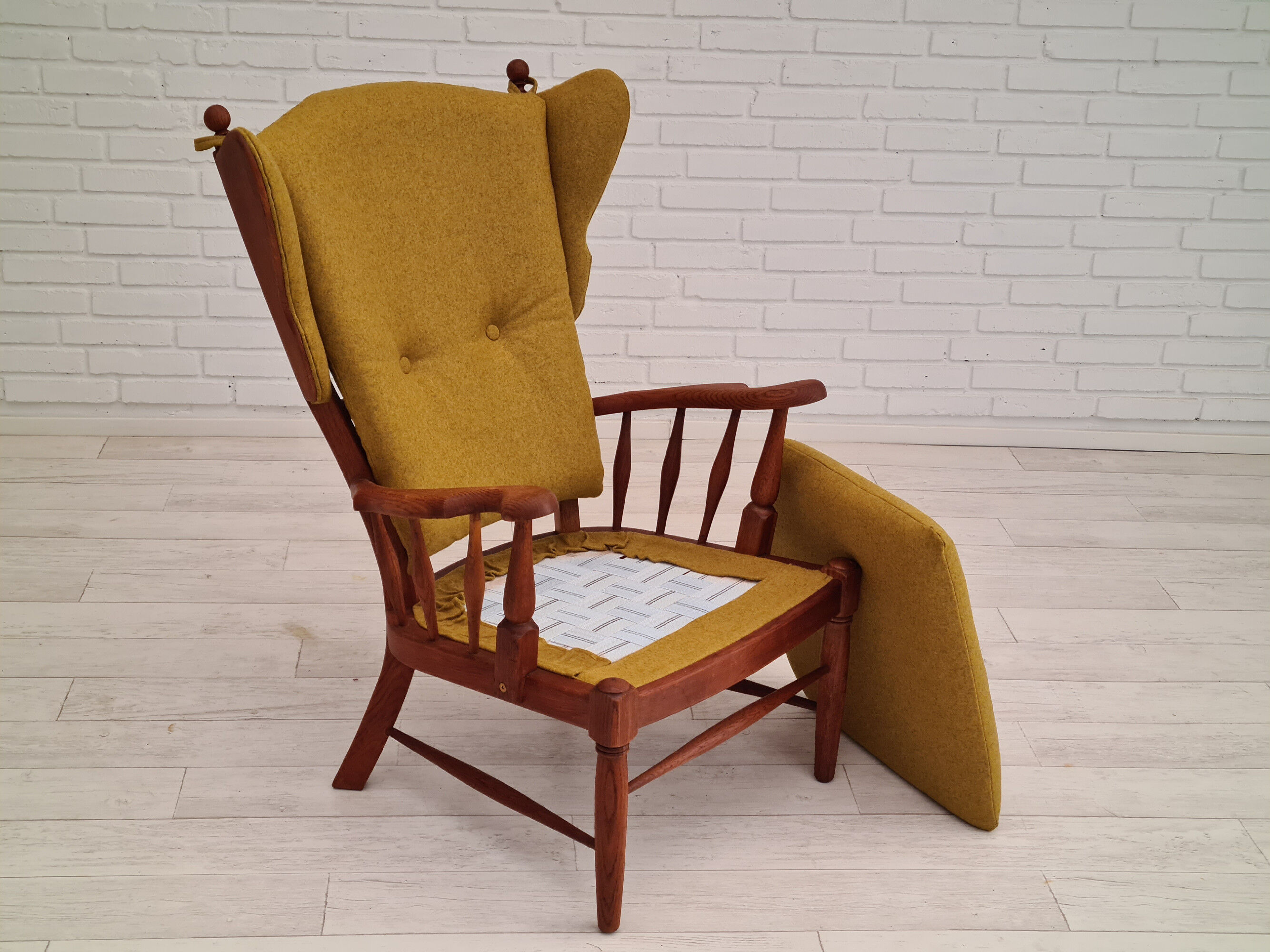Danish high-backed ear flap chair, 1960s, reupholstered, solid oak, furniture wool