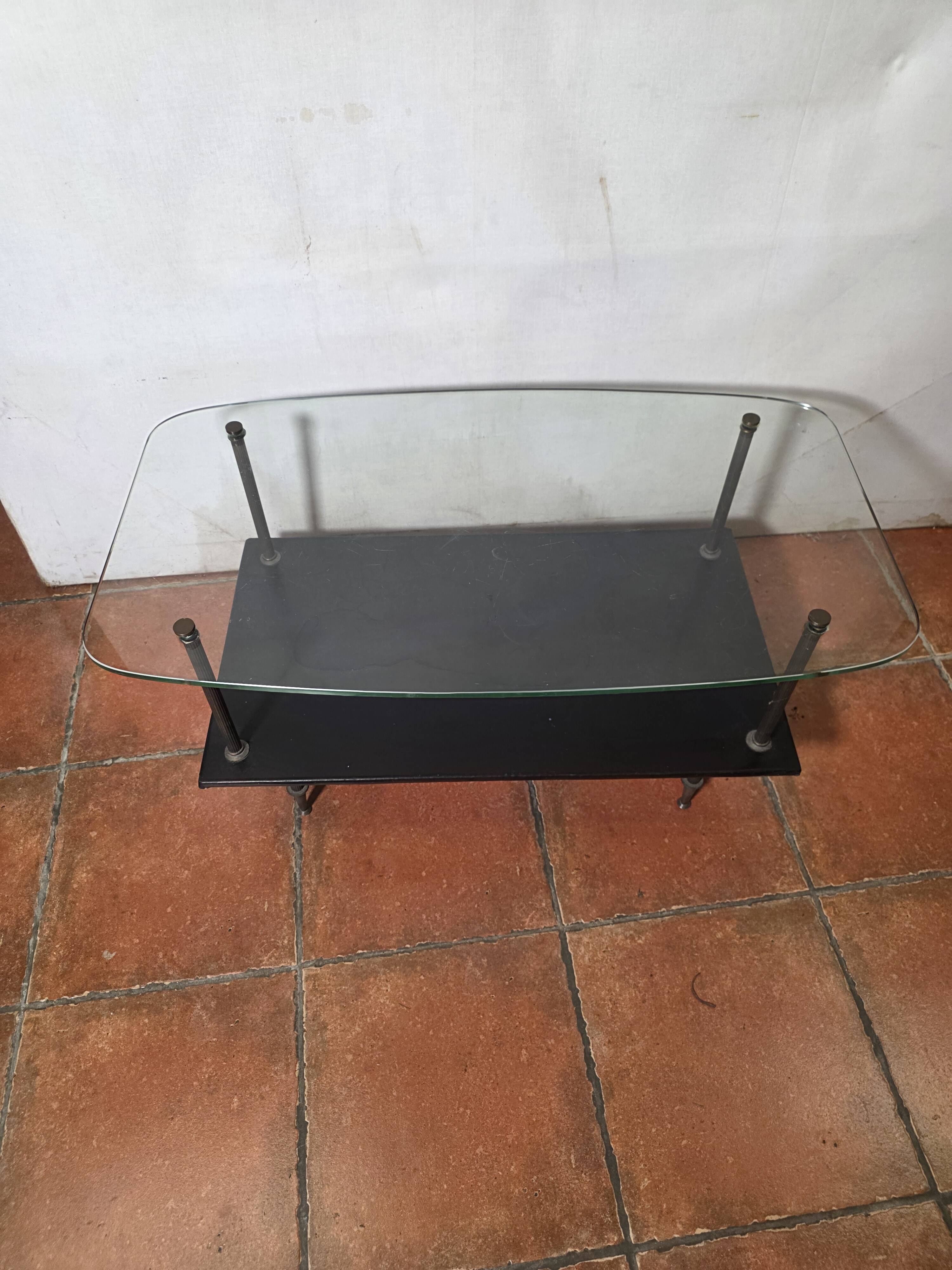 Vintage coffee table from the 1960s, glass, faux leather, brass.