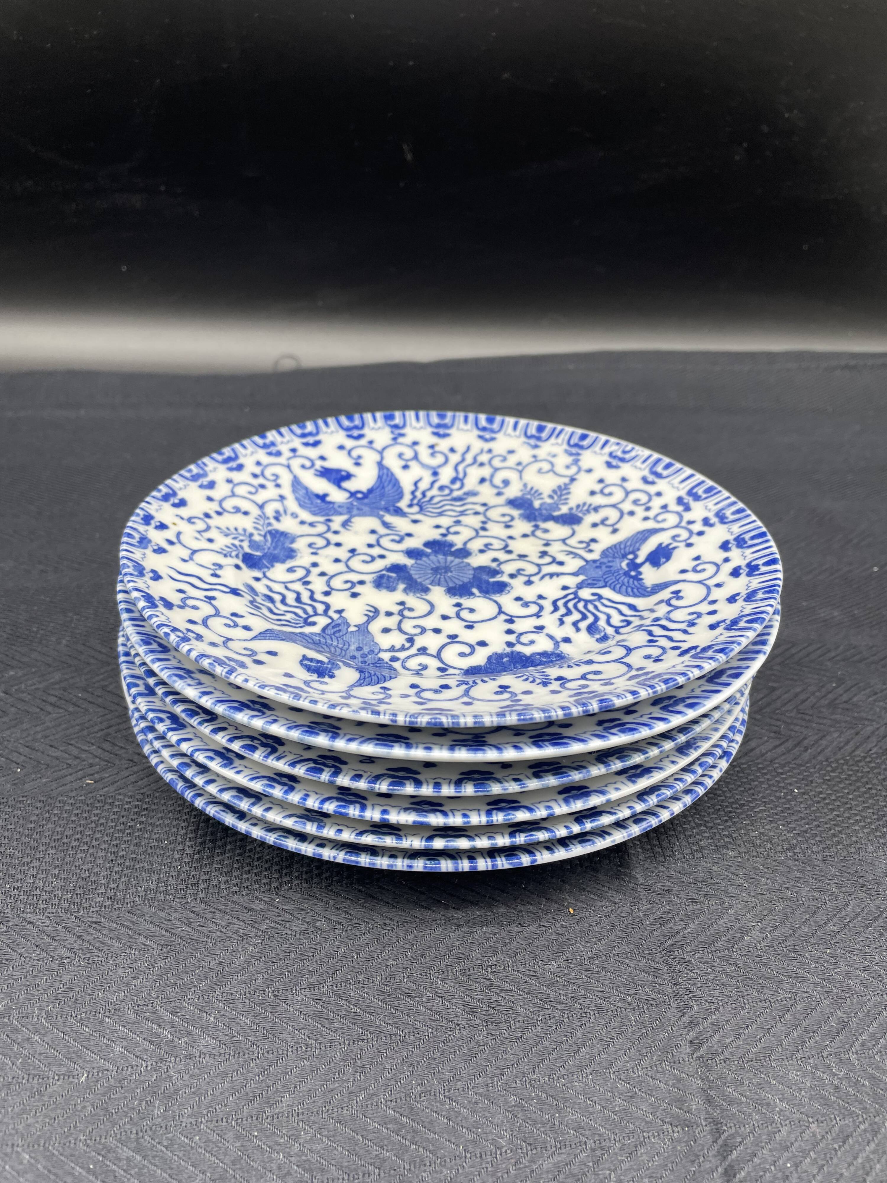 Service of 6 dessert plates, floral decoration, flowers, Japanese porcelain, Phoenix pattern, Blue, Japan