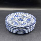 Service of 6 dessert plates, floral decoration, flowers, Japanese porcelain, Phoenix pattern, Blue, Japan