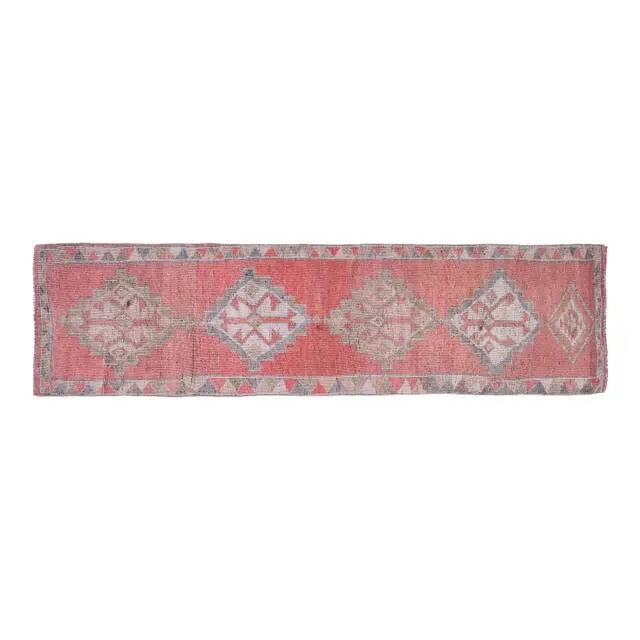 1970s Pink Turkish Handmade Wool Runner Rug, Geometric Motifs 85x328