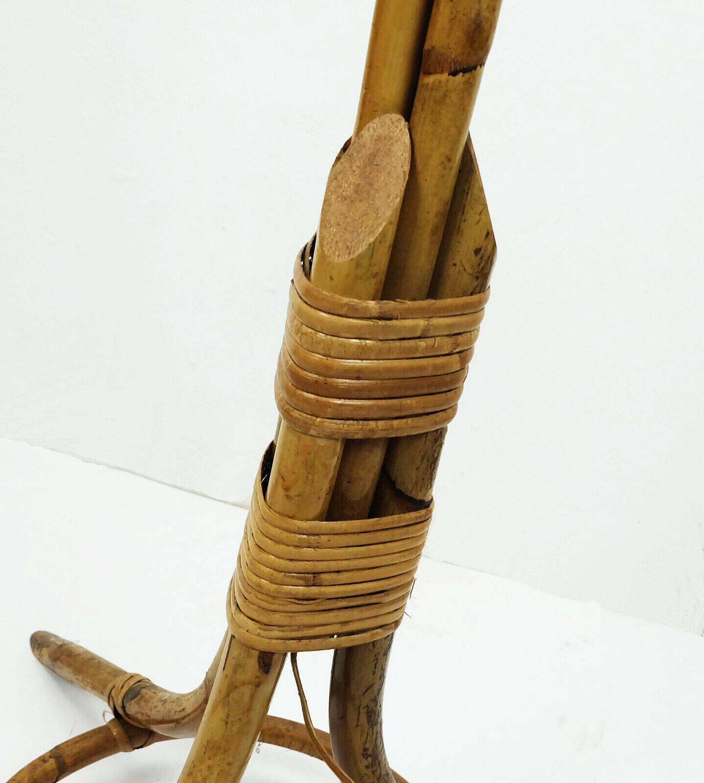 Rare mid century tripod floor lamp bamboo rattan 50s hawaii tiki era 3 shades