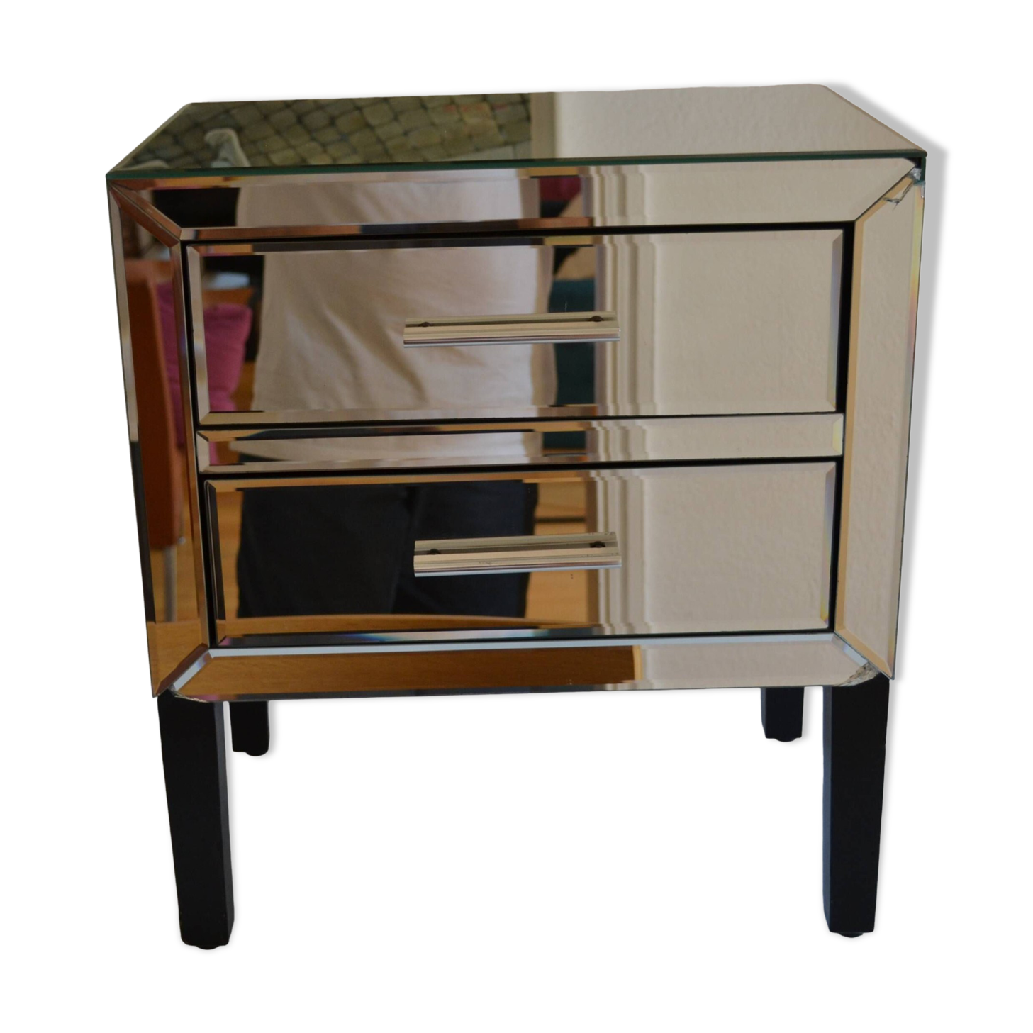 Hollywood Regency style beveled mirror bedside table