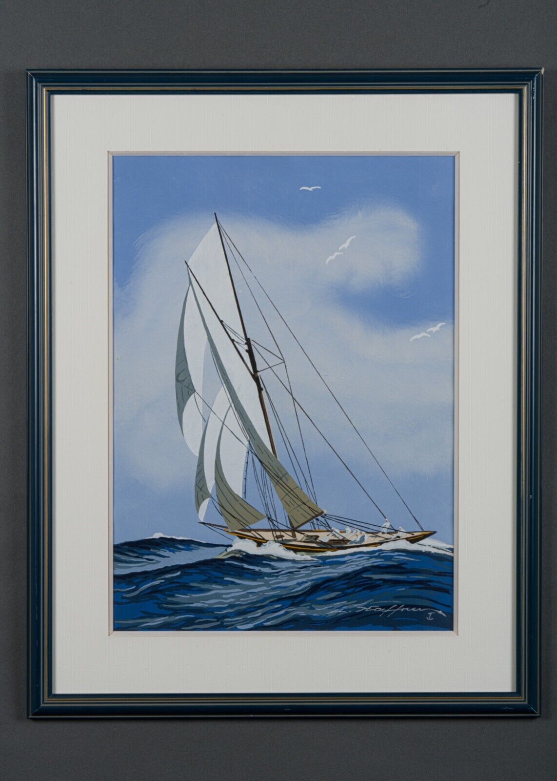 Stencil gouache by leon haffner representing a regatta boat
