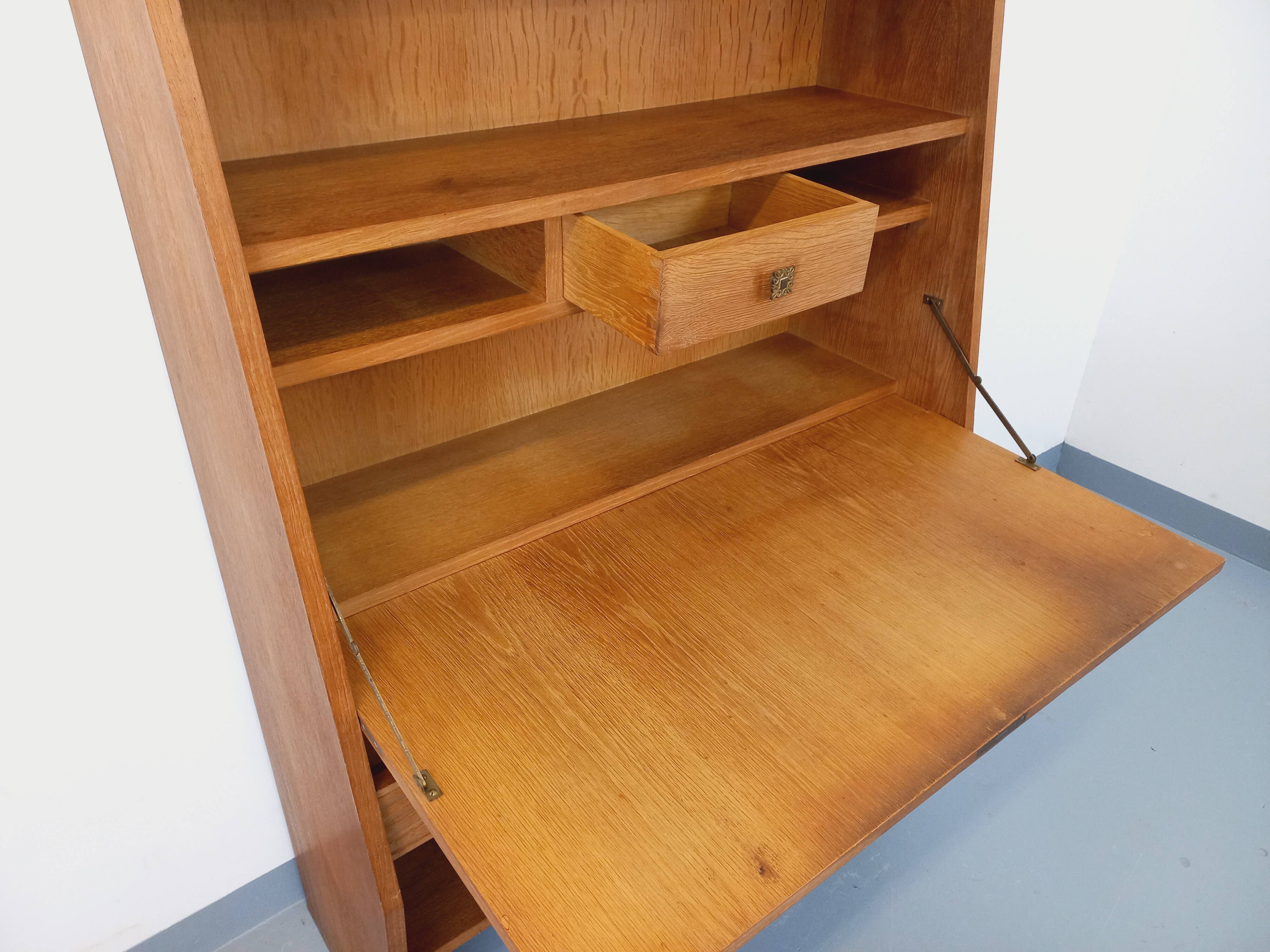 Meuble secrétaire bibliothèque de rangement vintage en bois de chêne