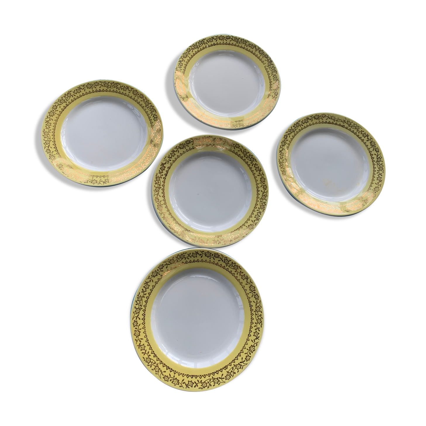 6 small plates with yellow borders and floral pattern gold antiques