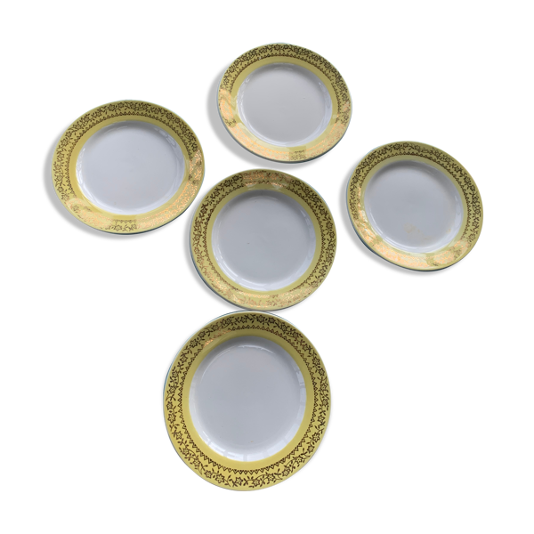 6 assiettes à liserés jaunes et motif floral or anciennes