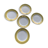 6 assiettes à liserés jaunes et motif floral or anciennes