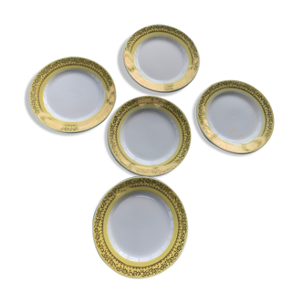 6 small plates with yellow borders and floral pattern gold antiques