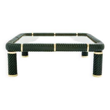 Olive green ceramic and brass coffee table by Tommaso Barbi 1970