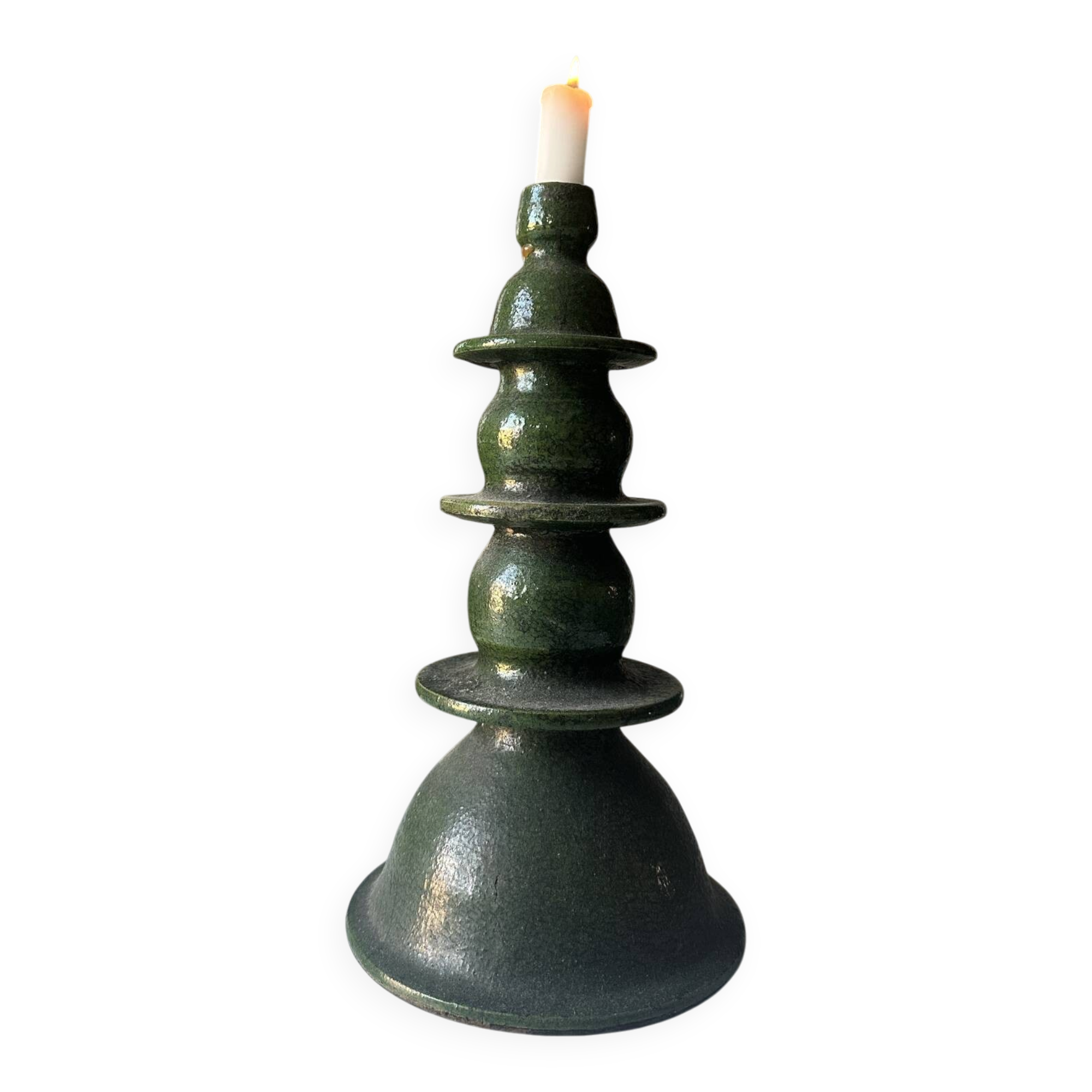 Large sculptural Moroccan candlestick in green Tamegroute ceramic.