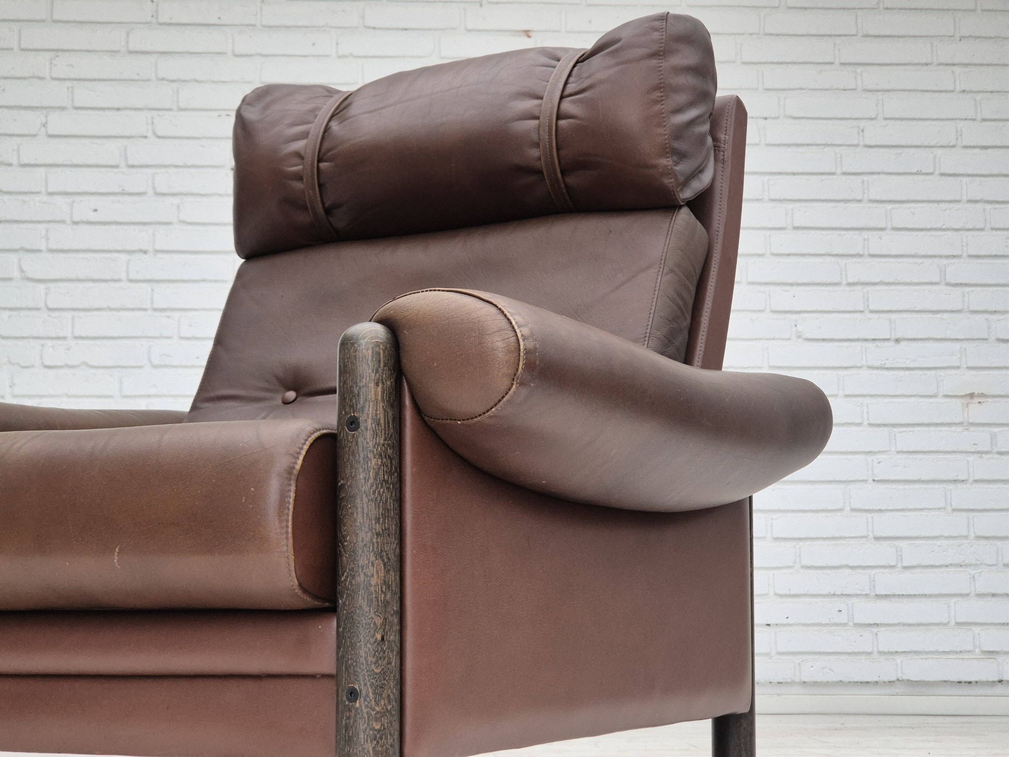 1970s, Danish armchair, original condition, furniture leather, dark oak wood.