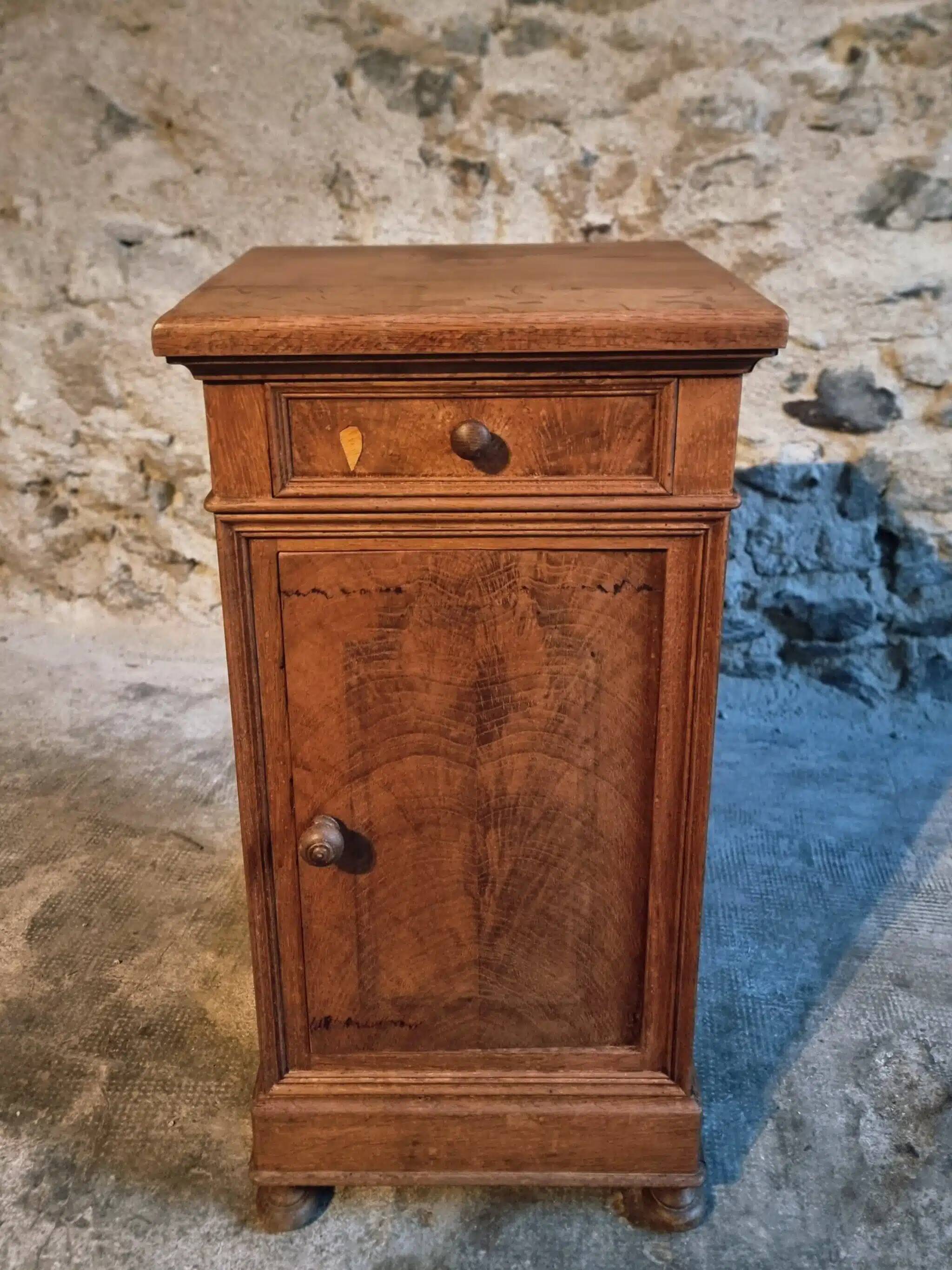 Antique French oak bedside table, early 20th century.