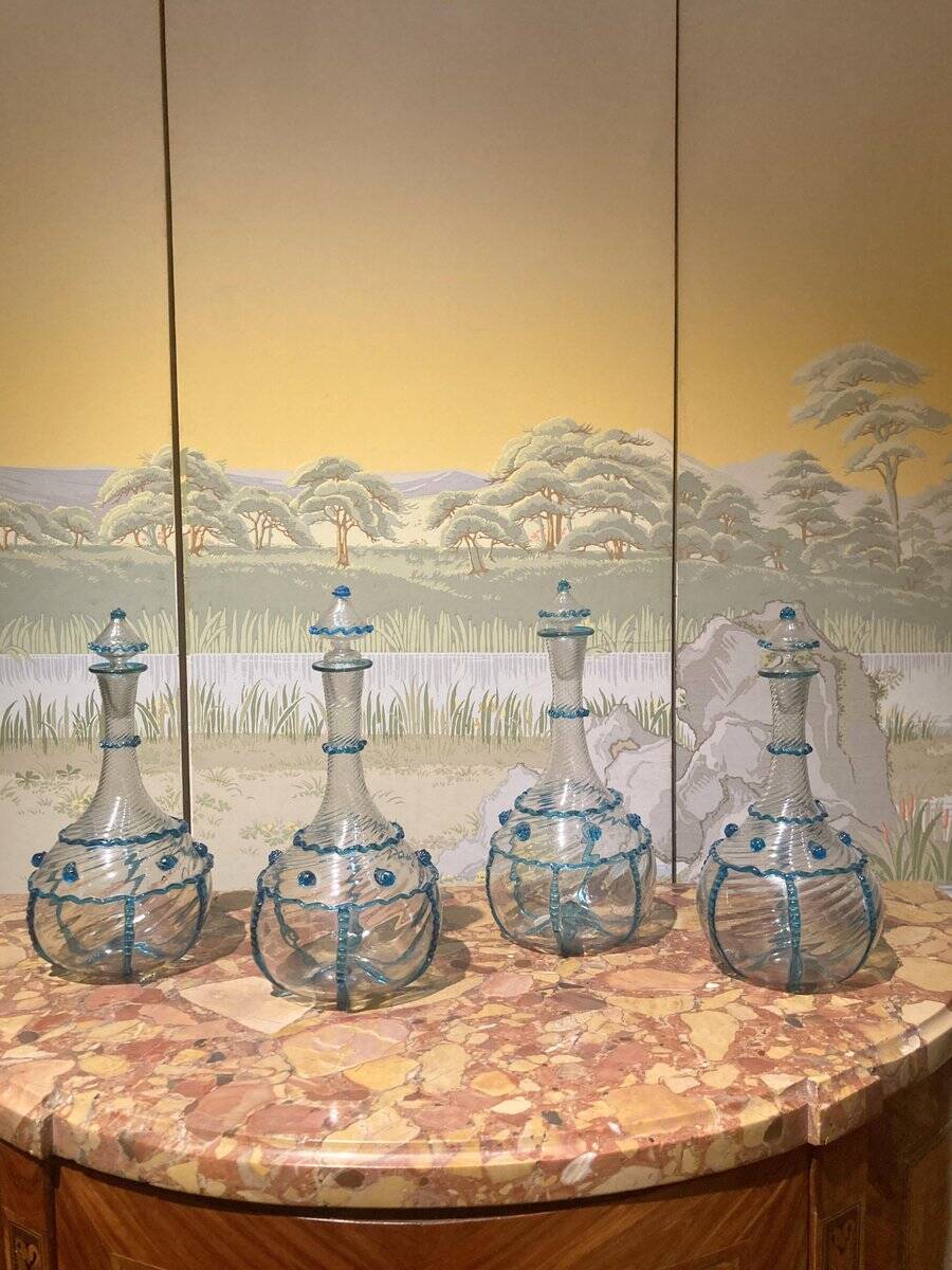 18th Century Italian Murano Clear Glass and Blue Trimmed Blown Glass Bottle