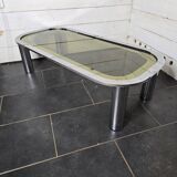 Designer coffee table in chromed metal with smoked glass top