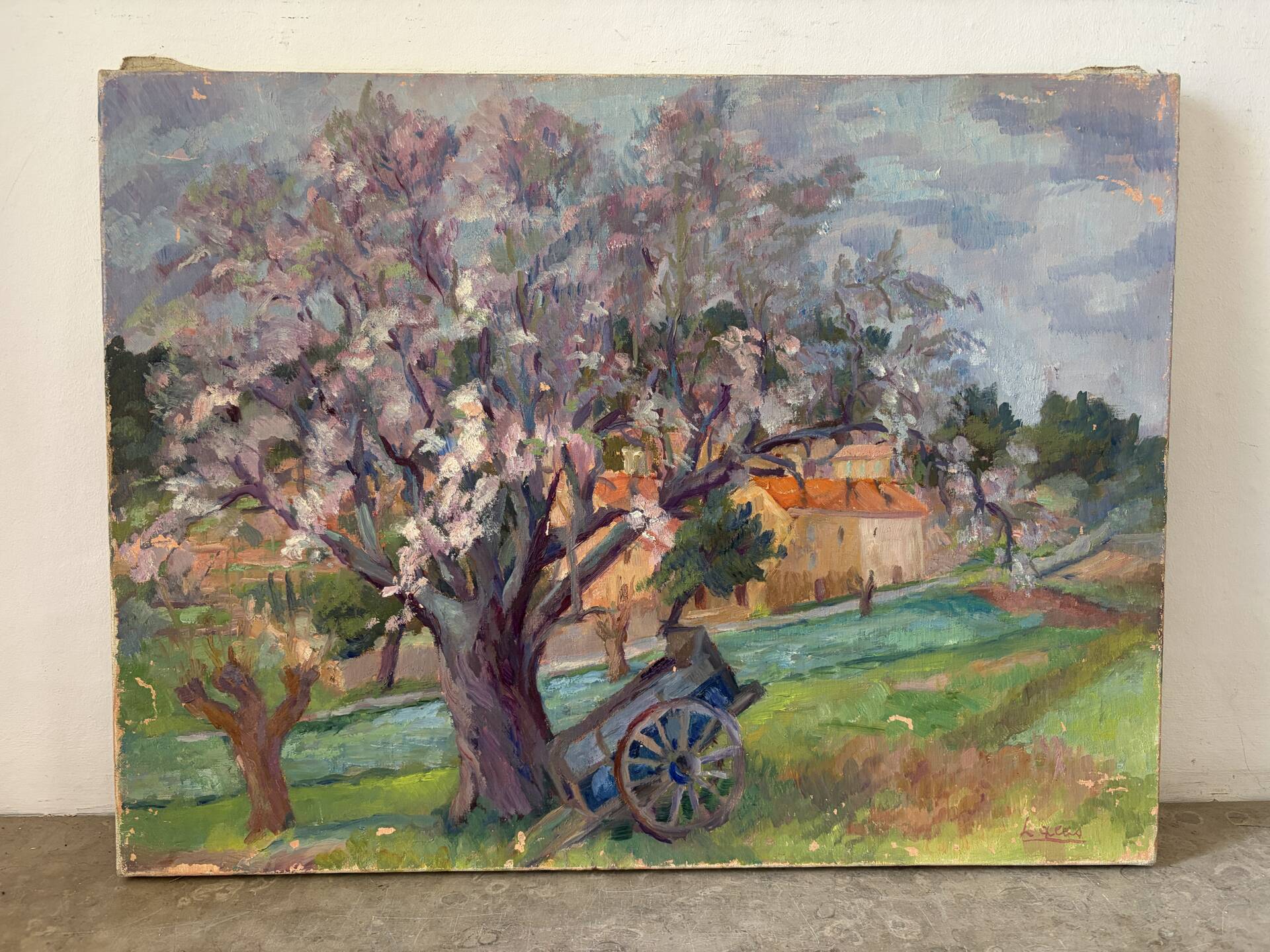 Under the cherry tree in bloom, oil on canvas signed Lacas.