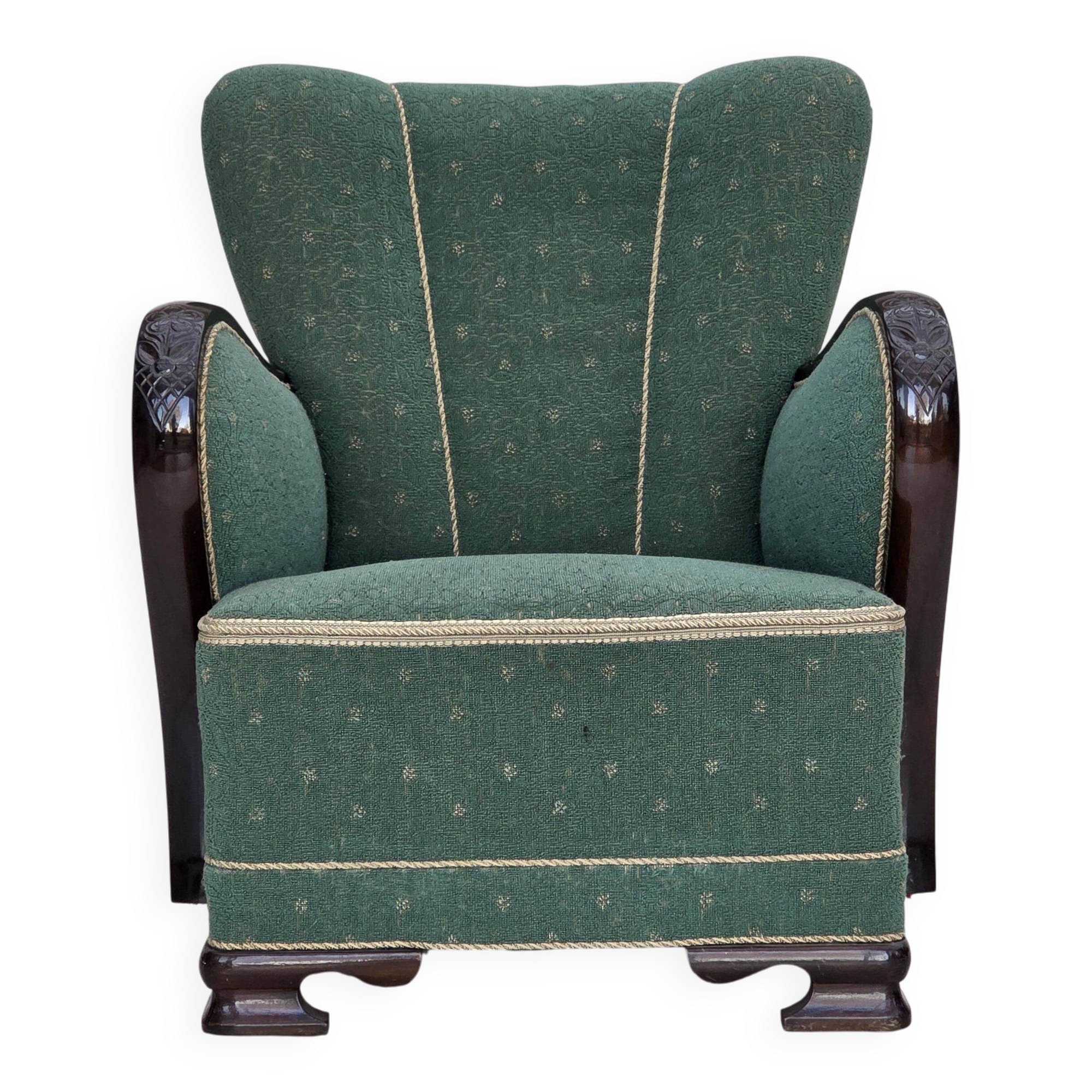 1960s, Danish armchair, green and beige furniture wool.